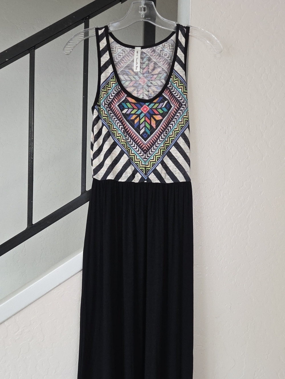 Vanilla Bay Black Maxi Dress with Colorful Geometric Bodice